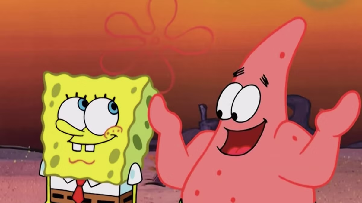 SpongeBob and Patrick smile at one another at sunset in SpongeBob Squarepants