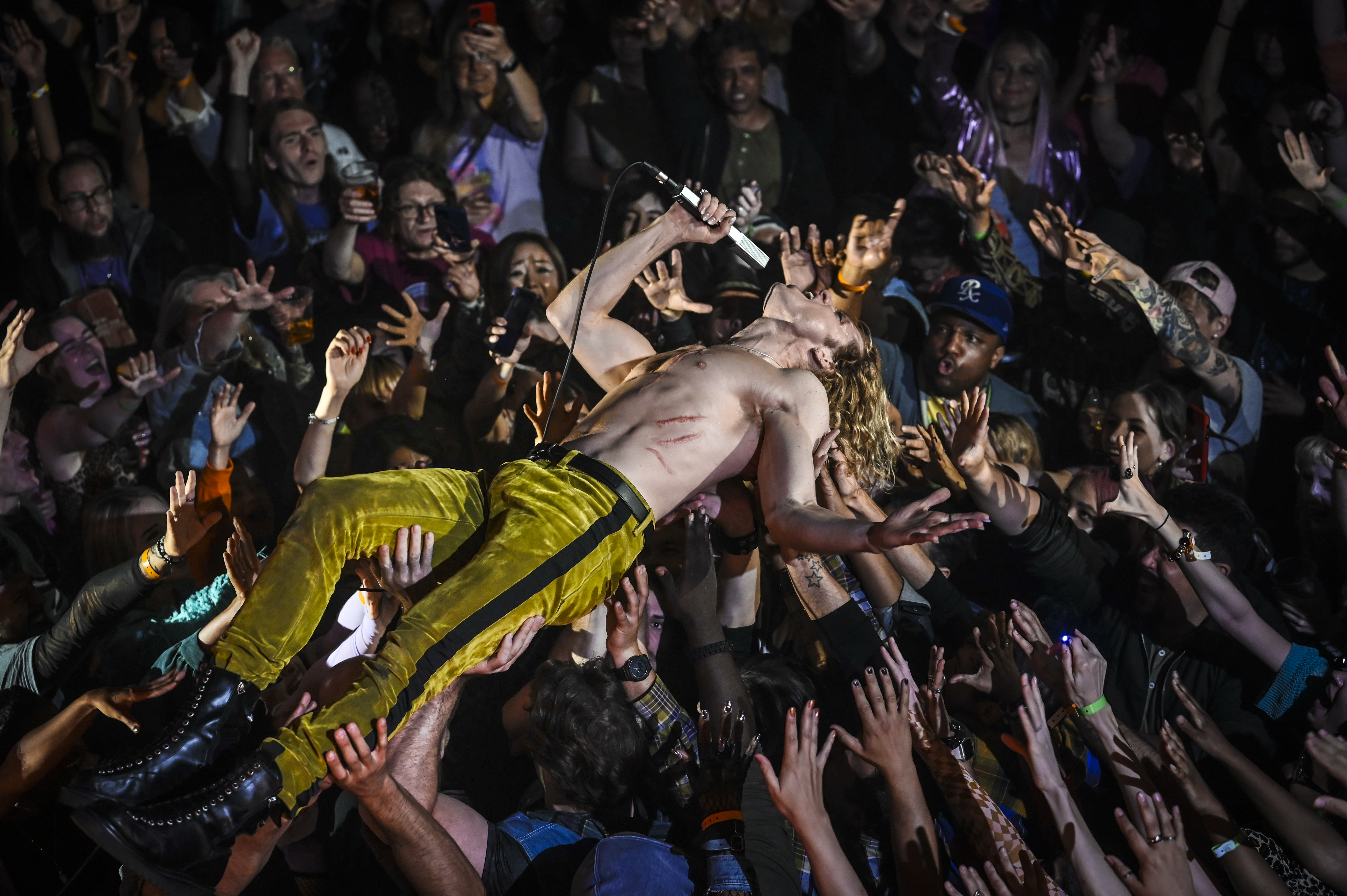man being carried by a crowd at a concert