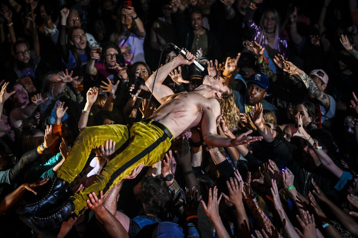man being carried by a crowd at a concert