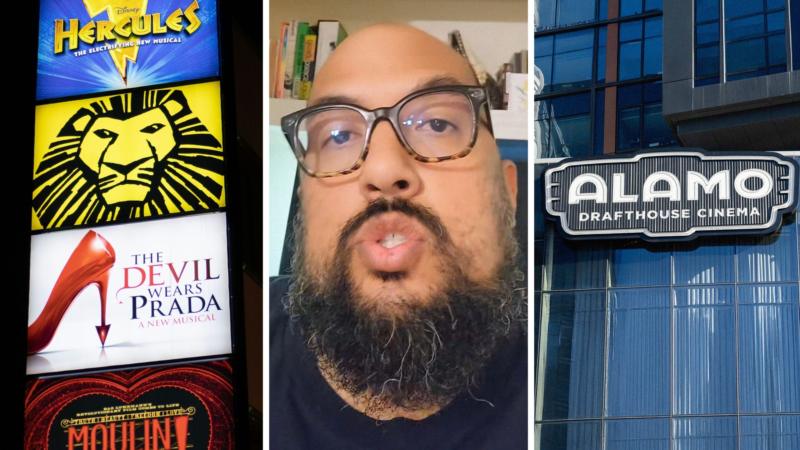 movies showing at cinema (l) man shares Alamo cinema experience (c) Alamo Drafthouse cinema entrance (r)