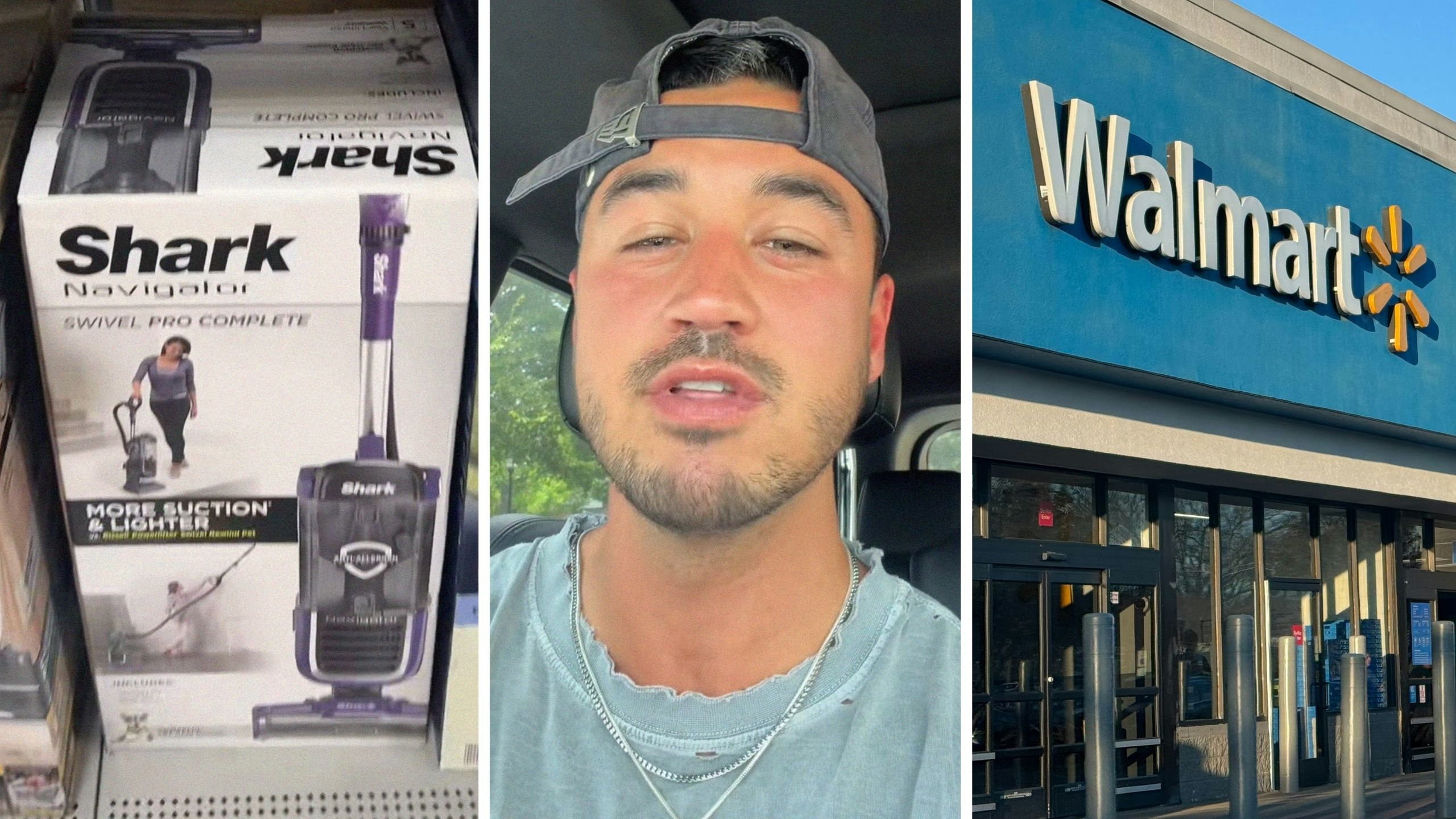 Shark Vacuum (l) woman shares shopping deal (c) walmart storefront (r)