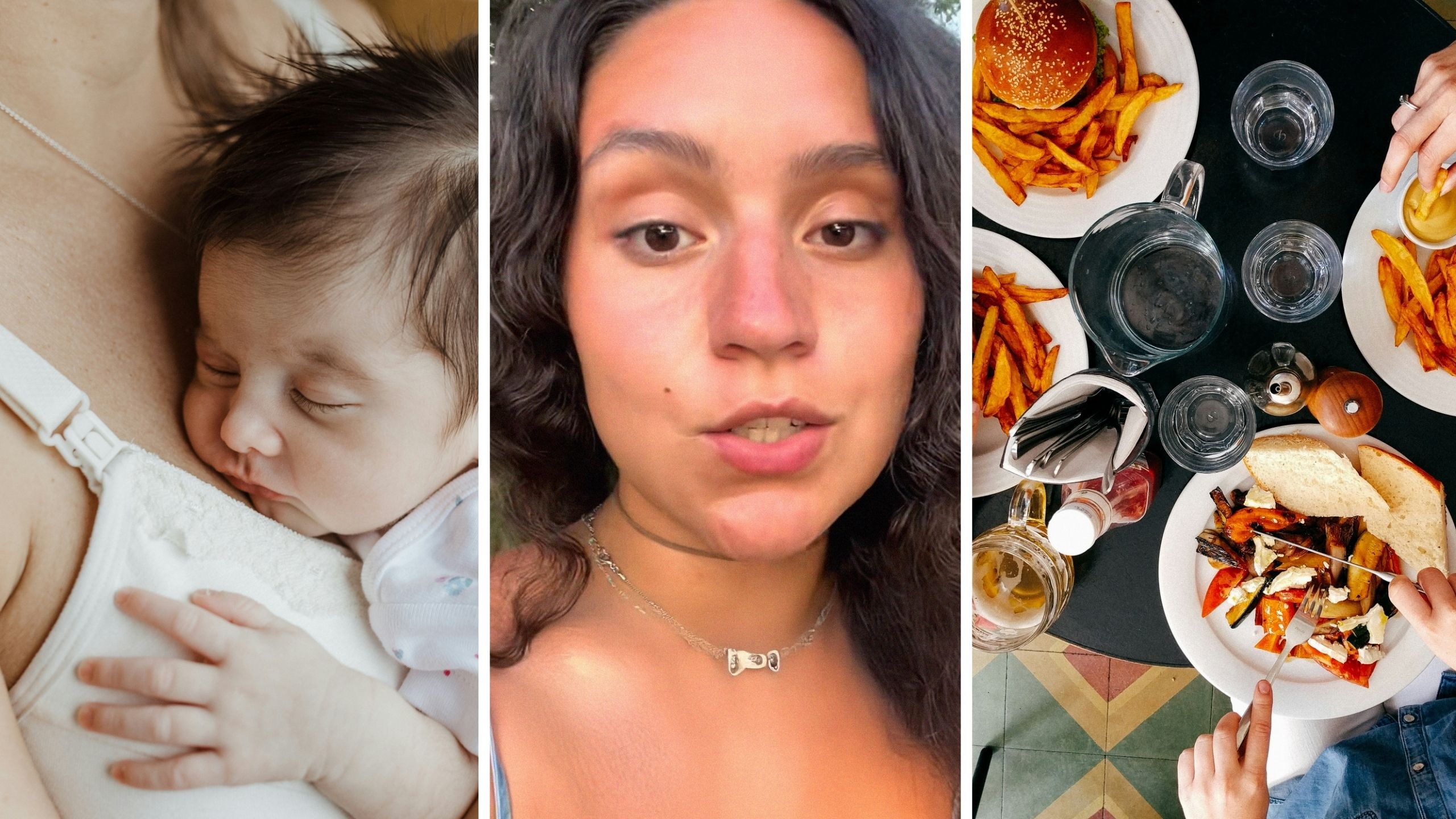 breastfeeding mother (l) woman shares dining out issue (c) restaurant settings (r)