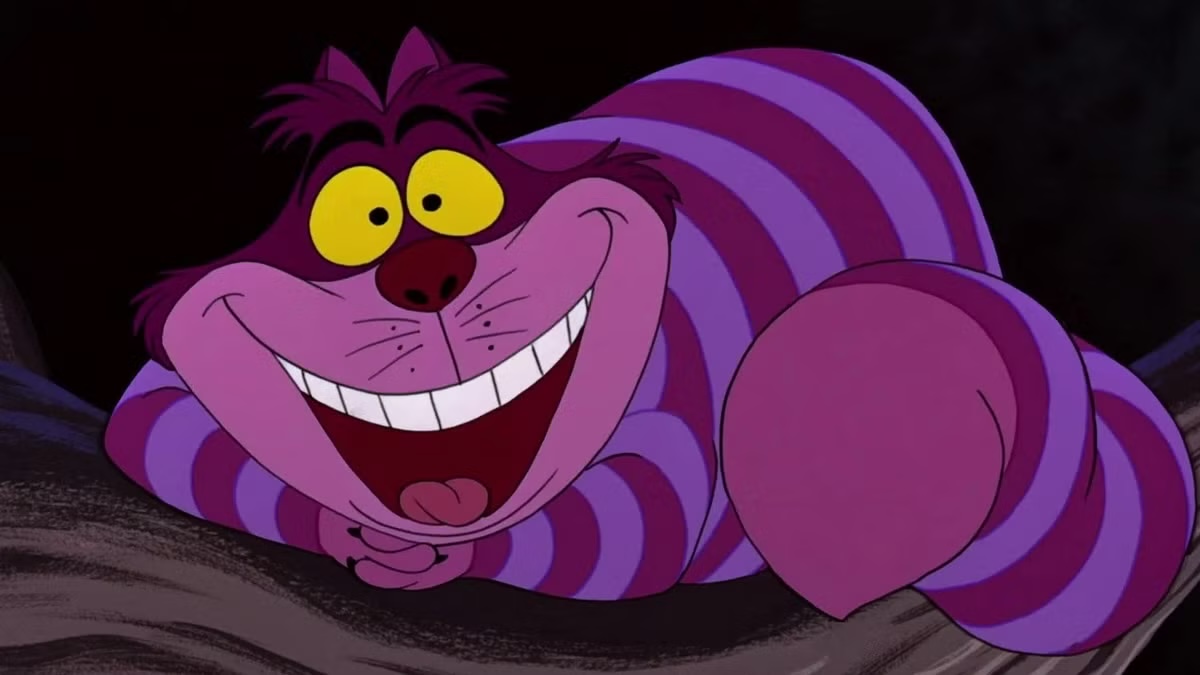 The Cheshire Cat grins wide in "Alice in Wonderland" 