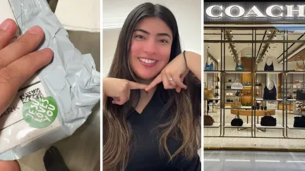 mail package (l) woman shares bag order issue (c) Coach storefront (r)