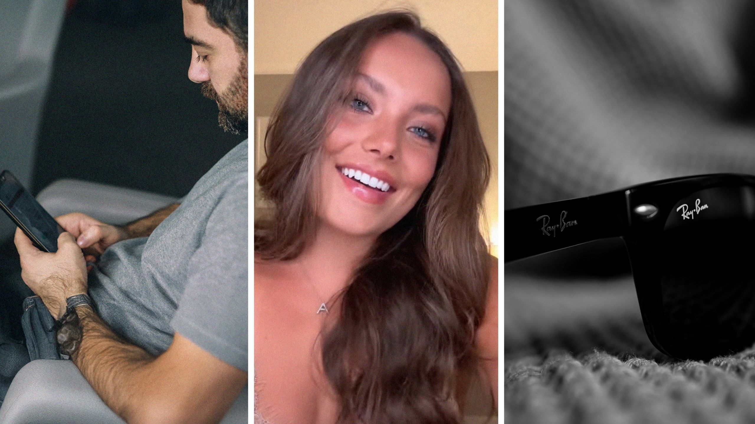 man on facetime while on flight (l) woman shares relationship issue (c) Ray-bans sunglasses (r)