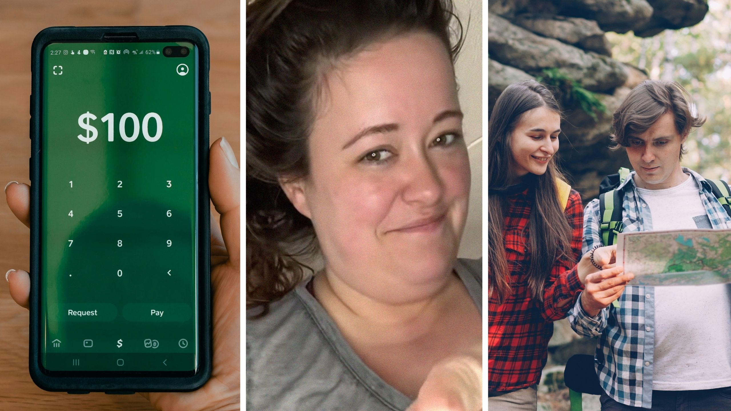 cash request (l) woman shares dating experience (c) man and woman exploring (r)