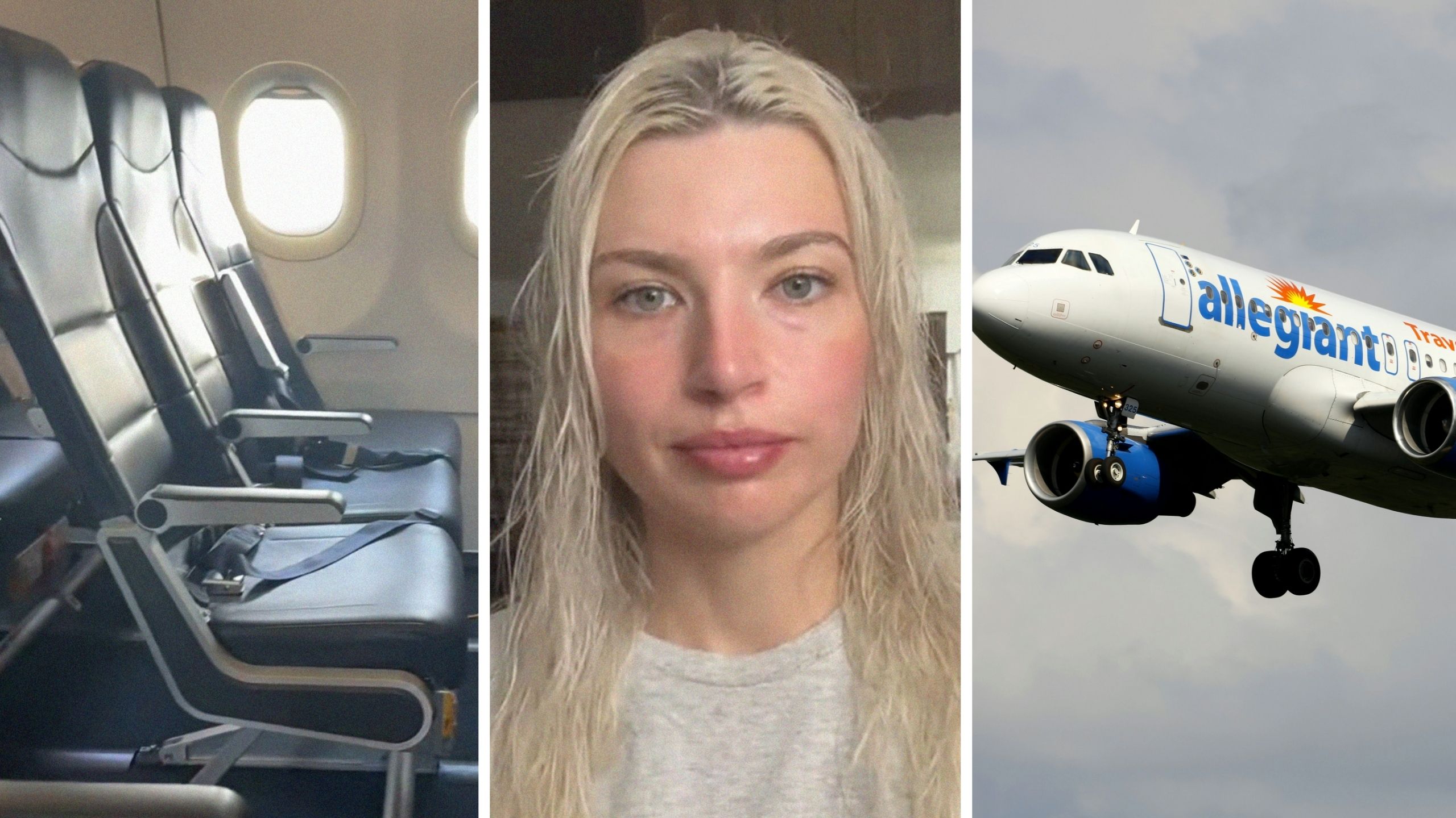 flight seats (l) woman shares flight observation (c) Allegiant aircraft (r)