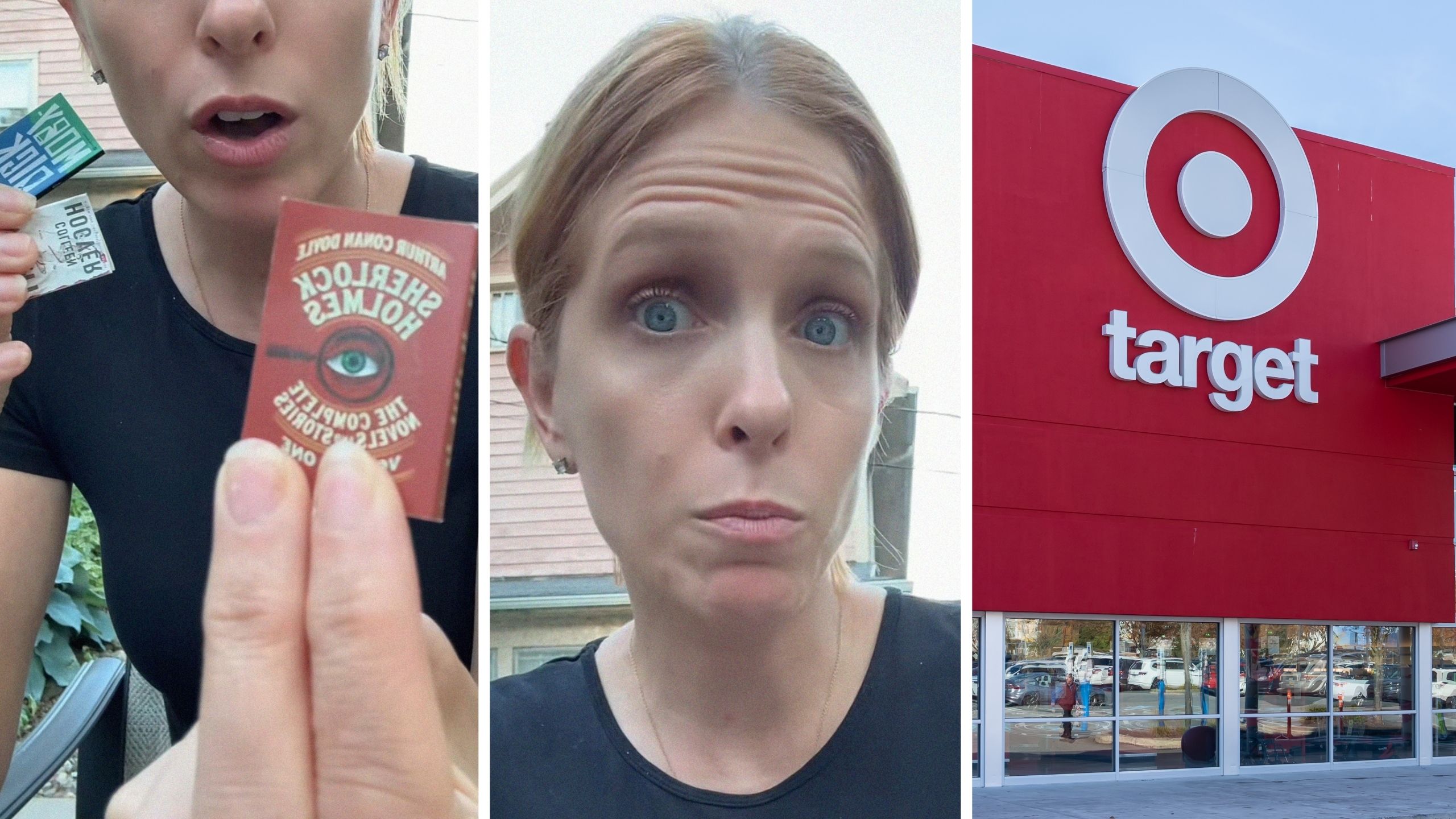 woman holding mini books (l) woman shares purchase concern (c) Target storefront (r)