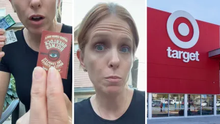 woman holding mini books (l) woman shares purchase concern (c) Target storefront (r)