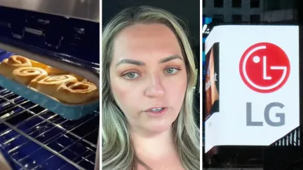cinnamon rolls in oven (l) woman shares LG oven issue (c) LG storefront (r)