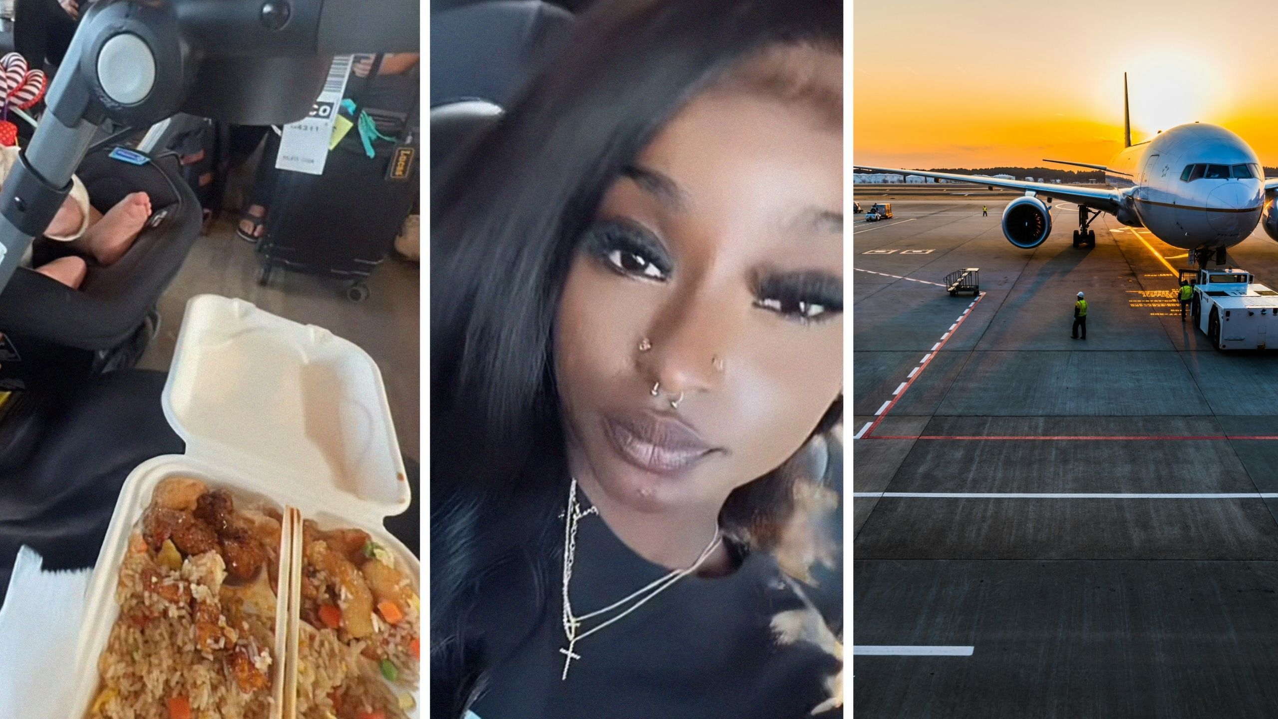 woman at airport (l) woman shares airport experience (c) airport setting (r)