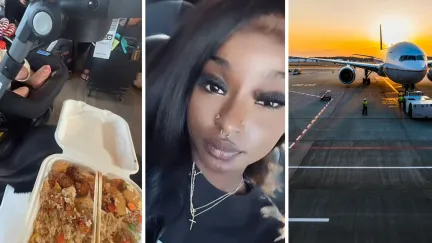 woman at airport (l) woman shares airport experience (c) airport setting (r)