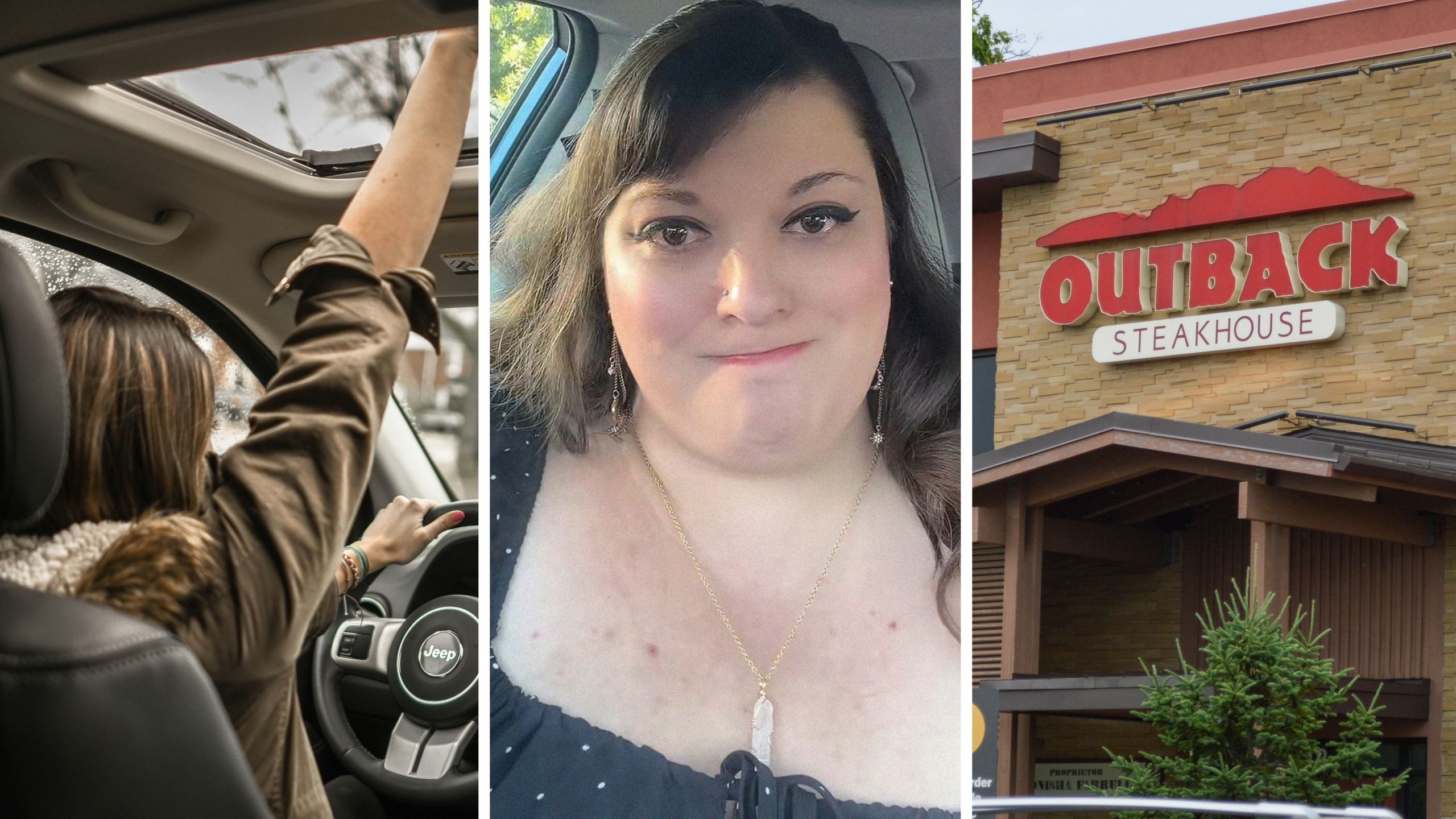 woman driving an hour to meet date (l) woman shares date experience (c) Outback steakhouse entrance (r)