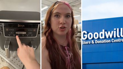 ninja appliance (l) woman shares thrifting encounter (c) Goodwill storefront (r)