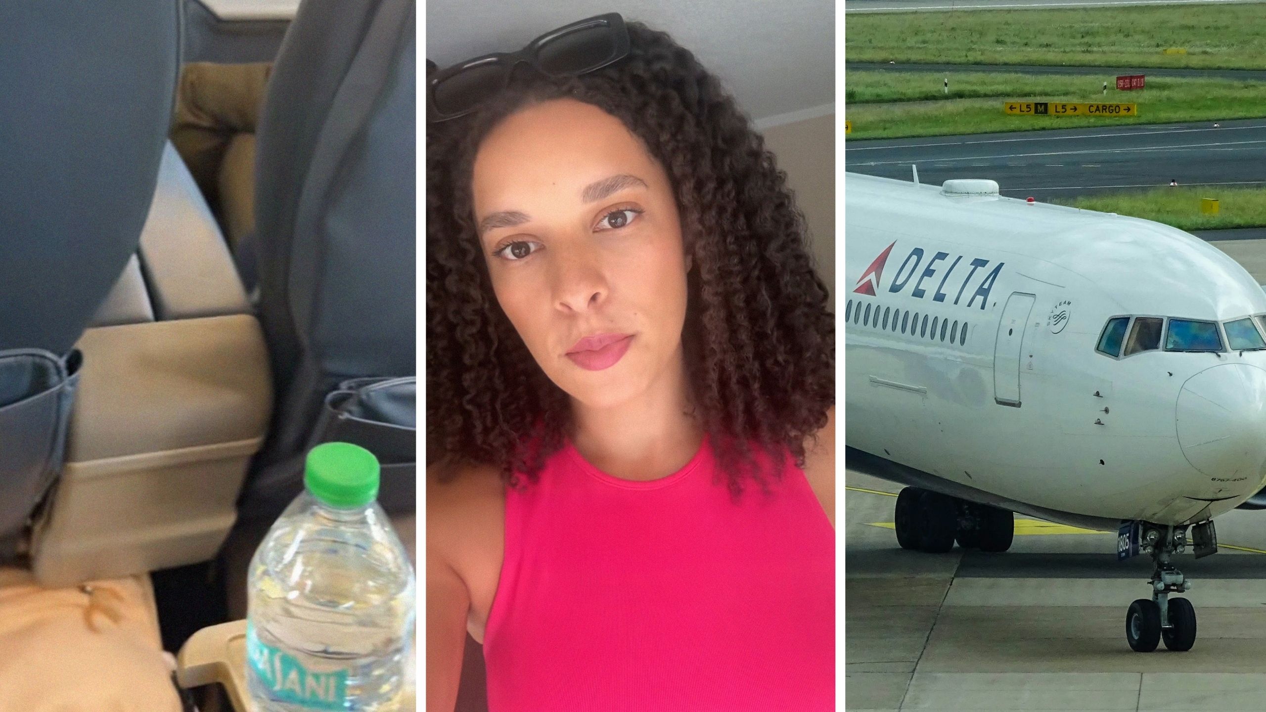 first class seats (l) woman shares delta experience (c) Delta aircraft (r)