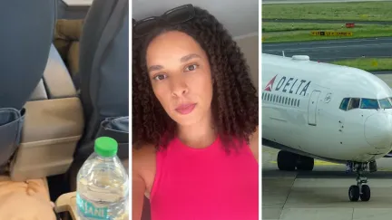 first class seats (l) woman shares delta experience (c) Delta aircraft (r)