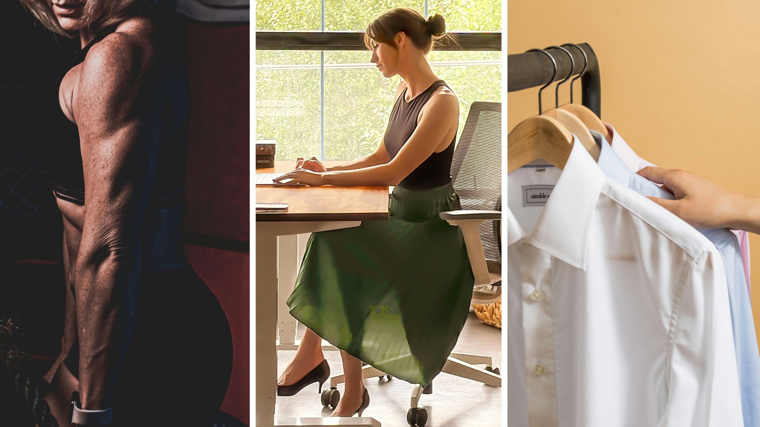 strong woman (l) office woman shares attire struggles (c) long sleeve office shirts (r)