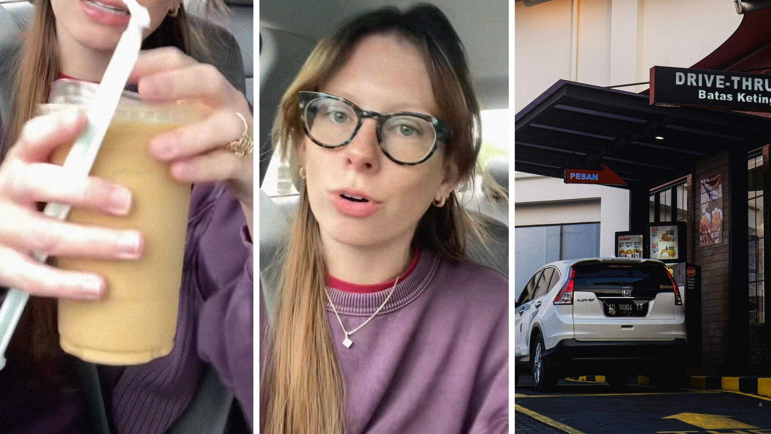 iced coffee (l) woman shares drive thru experience (c) car at drive thru (r)