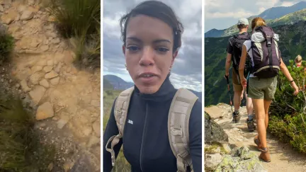 hiking pathway (l) woman shares hike experience (c) man and woman go hiking (r)