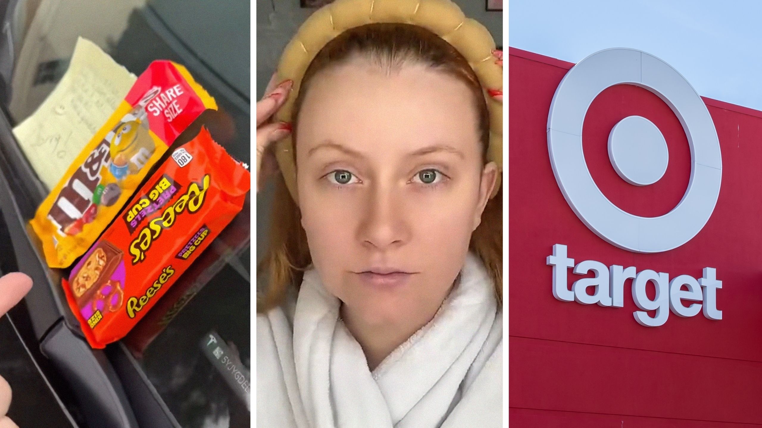 M&ms and reese's chocolate (l) woman shares Target experience (c) Target storefront (r)