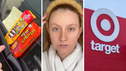 M&ms and reese's chocolate (l) woman shares Target experience (c) Target storefront (r)