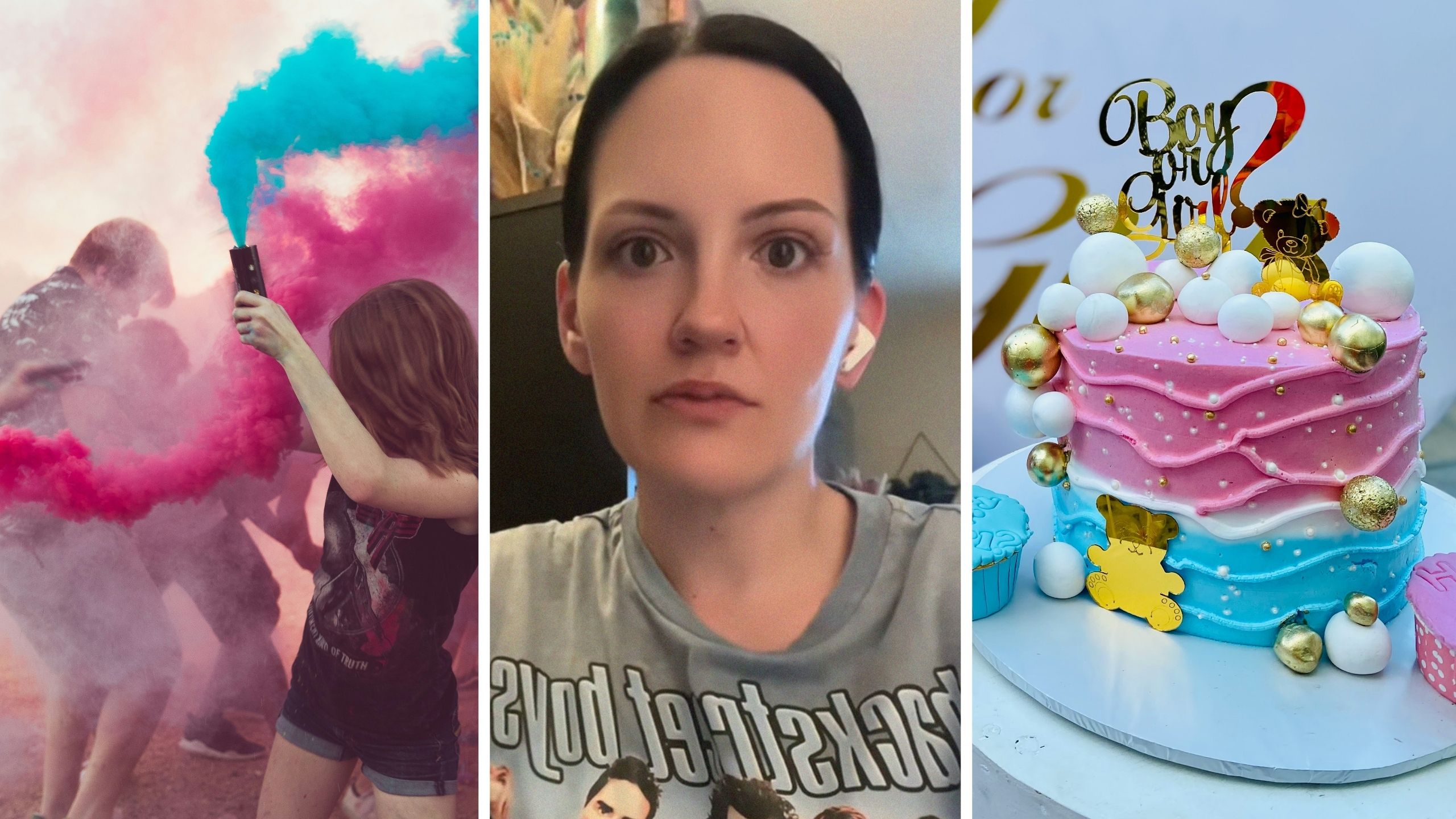 woman at gender reveal (l) woman shares gender reveal issue (c) gender reveal cake (r)
