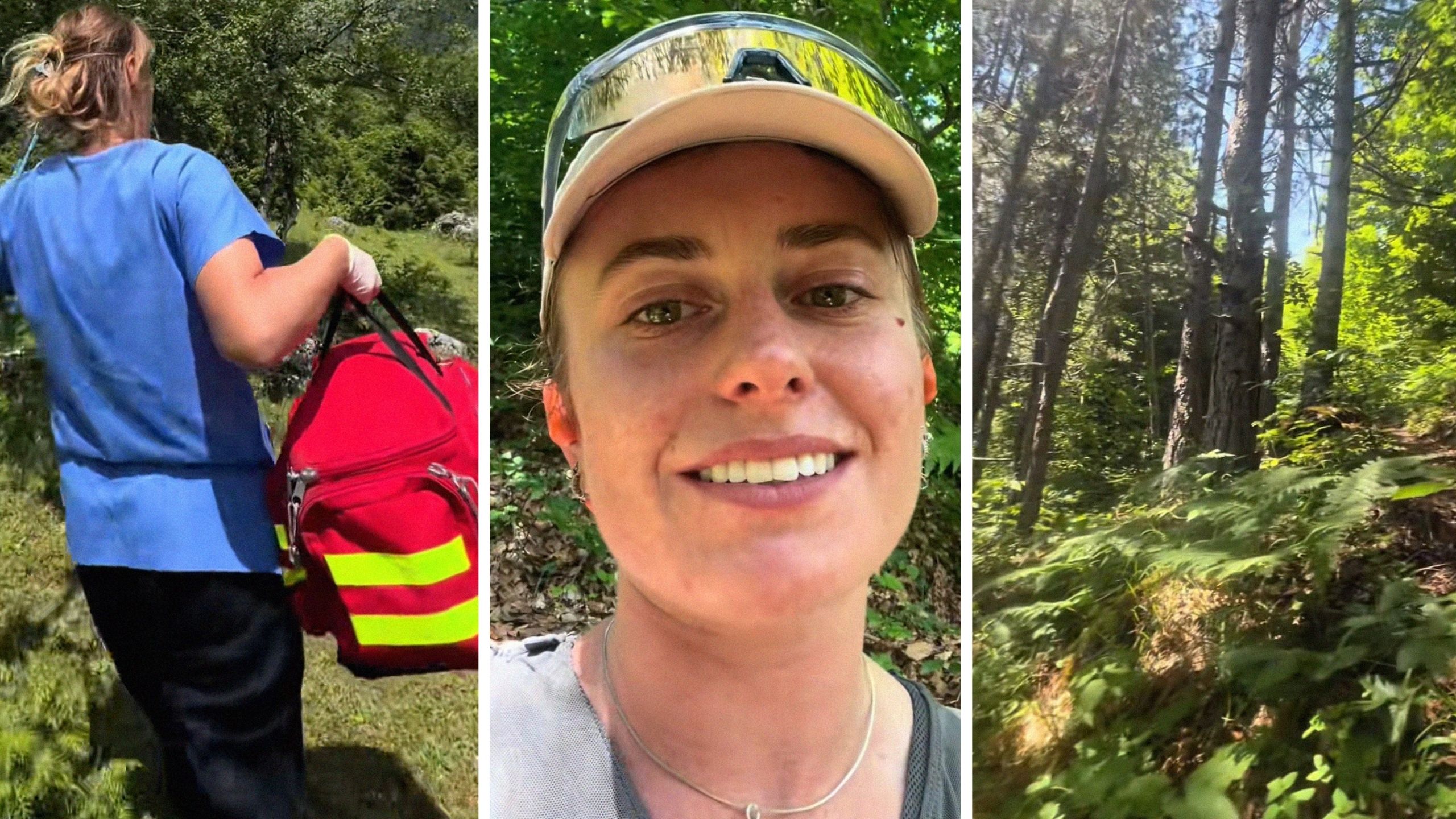 emergency care (l) woman shares hike experience (c) hike trail (r)