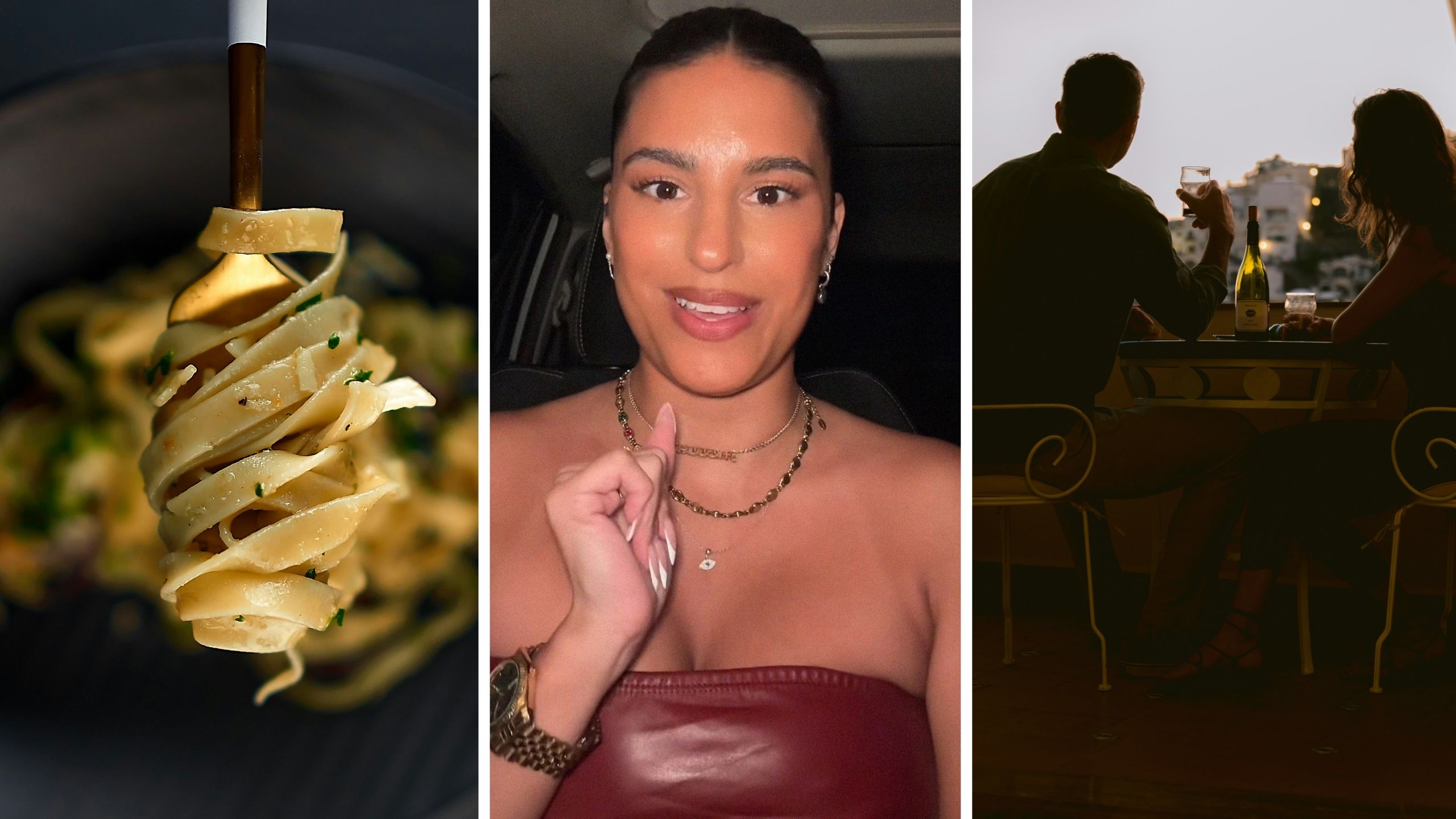 pasta meal (l) woman shares date experience (c) dinner date (r)
