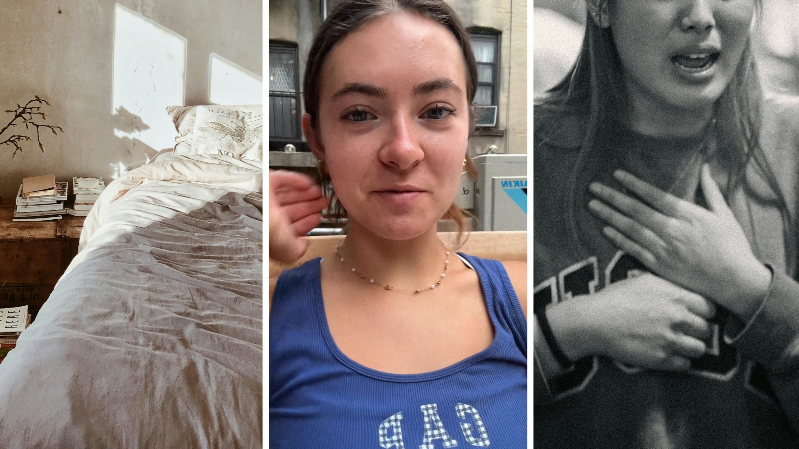 apartment bedroom (l) woman shares illness issue (c) woman unable to breathe (r)