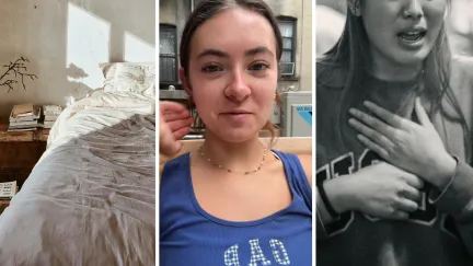 apartment bedroom (l) woman shares illness issue (c) woman unable to breathe (r)