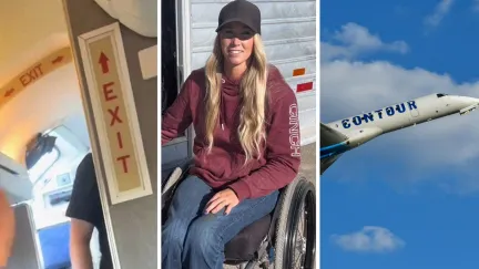 exit sign (l) woman shares flight issue (c) Contour airlines (r)