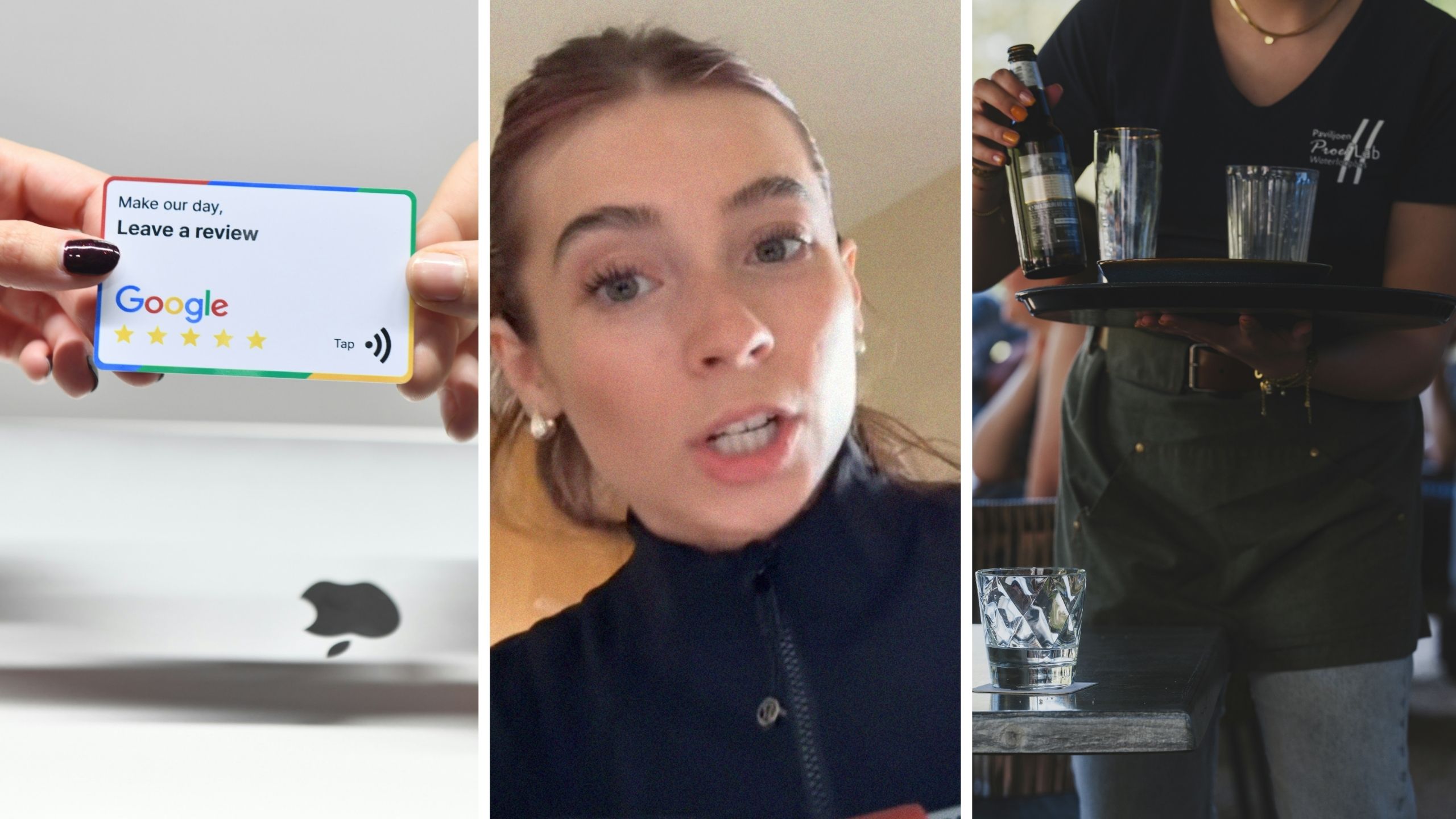 Google review (l) woman shares work environment issue (c) woman working at restaurant (r)