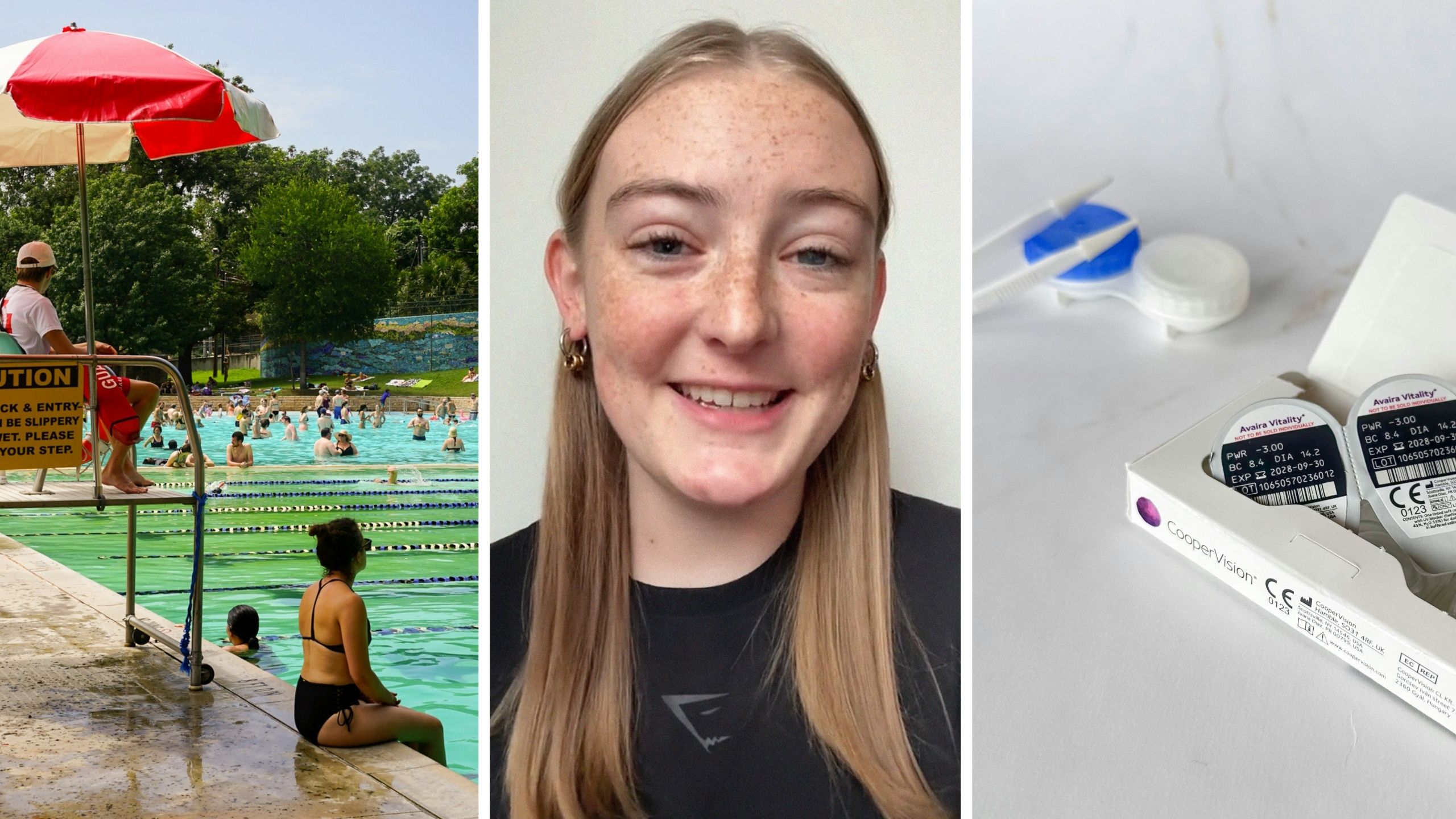 summer day (l) woman shares eyesight struggles (c) Contact lenses (r)