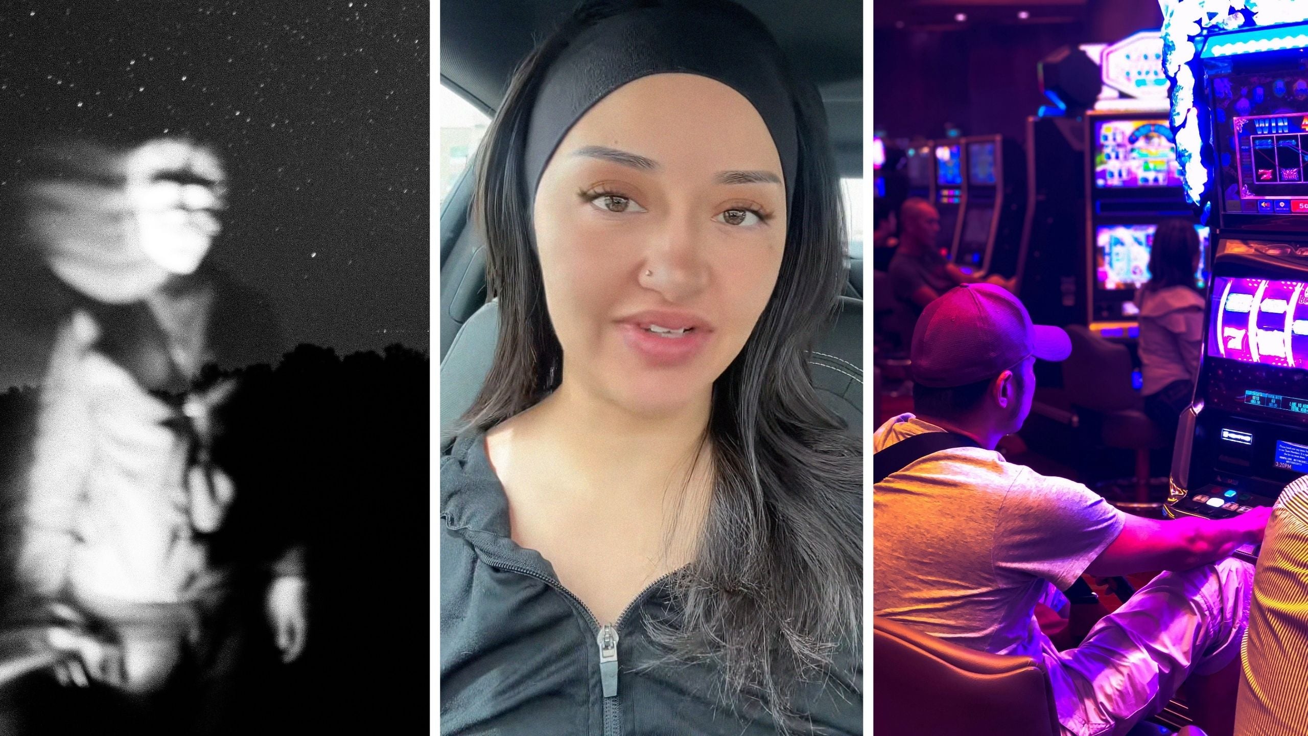 male ghost (l) woman shares Las Vegas experience (c) man at casino machine (r)