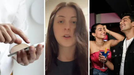 man sharing his contact to woman (l) woman shares story of a guy she met (c) woman and man at a bar (r)