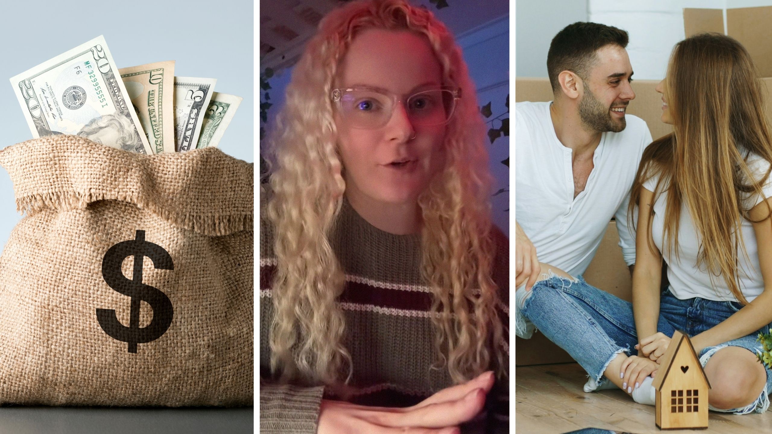 bag of money (l) woman calculates her spendings (c)couple move in together (r)