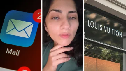 email notification (l) woman shares online order issue (c) Louis Vuitton storefront (r)
