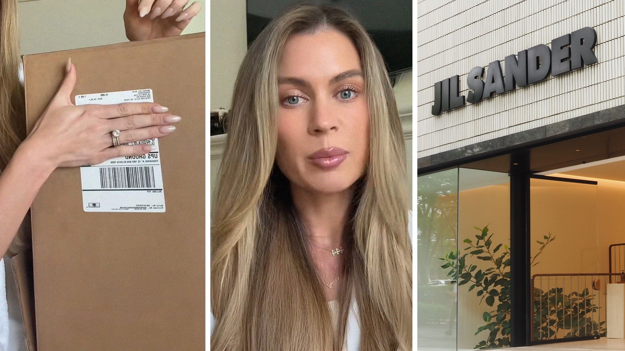 online package (l) woman shares purse order issue (c) Jil Sander storefront (r)