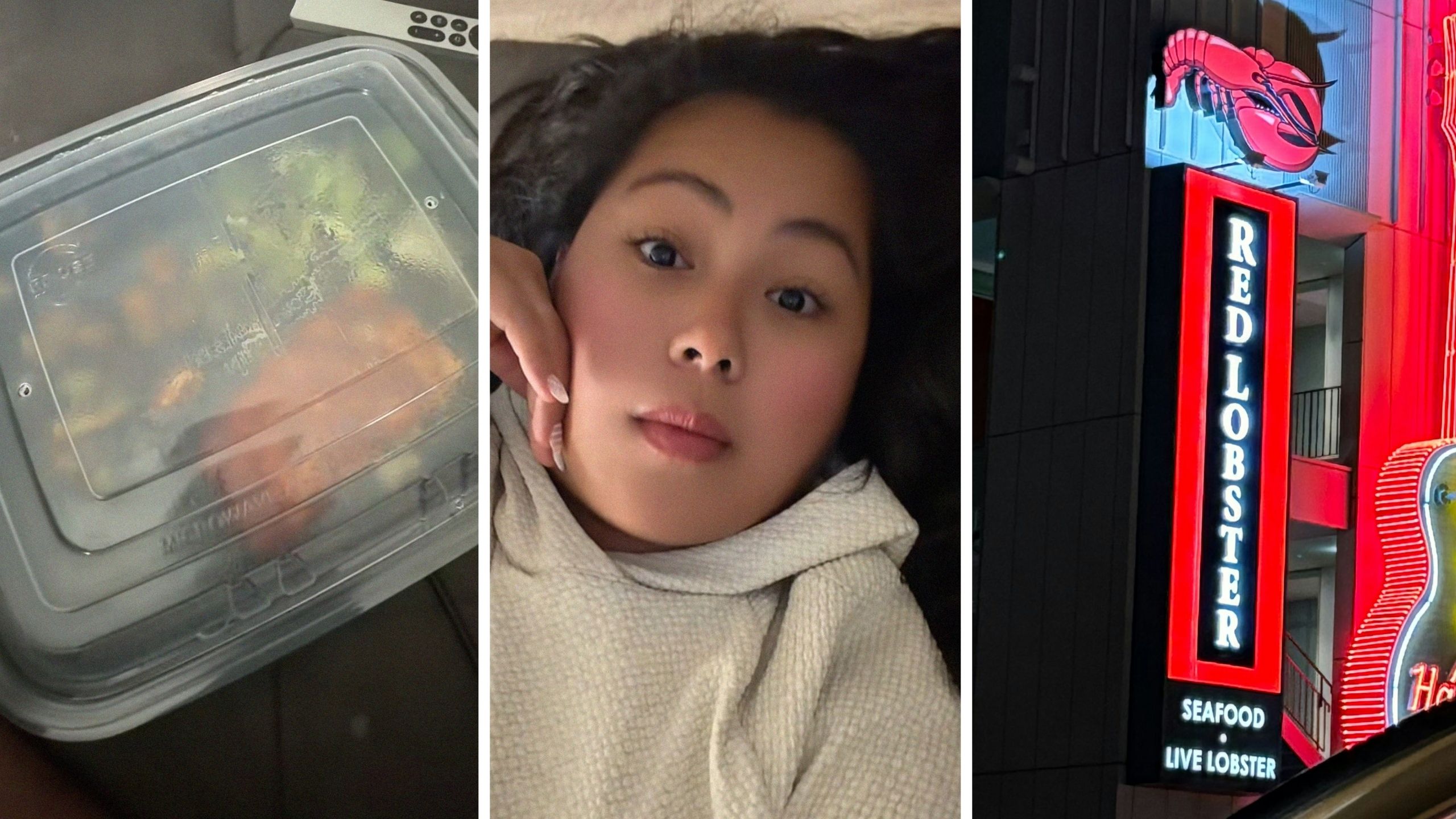 To-go container (l) woman shares food order issue (c) Red Lobster entrance (r)