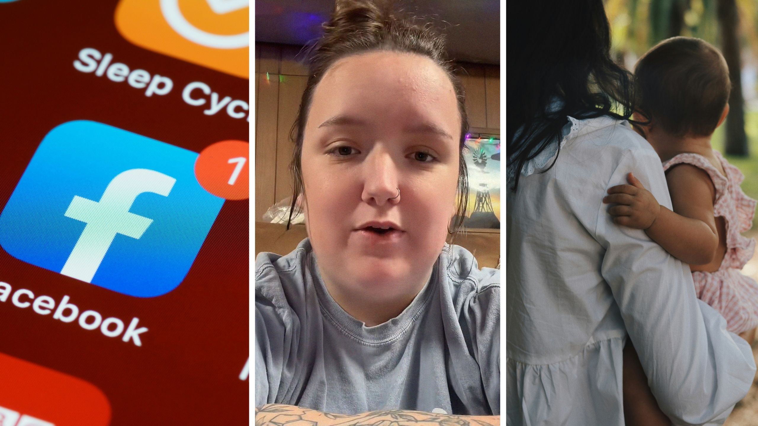 Facebook app (l) woman shares friendship issue (c) woman and baby girl (r)