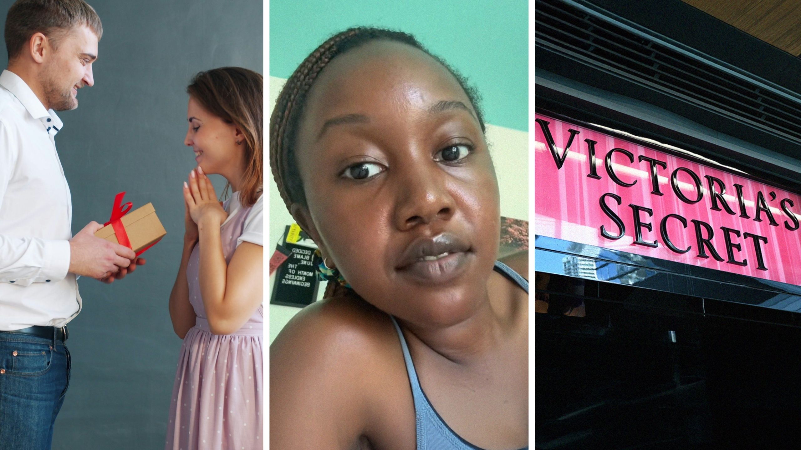 man gifts woman (l) woman shares old job experience (c) Victoria's Secret storefront (r)