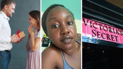 man gifts woman (l) woman shares old job experience (c) Victoria's Secret storefront (r)