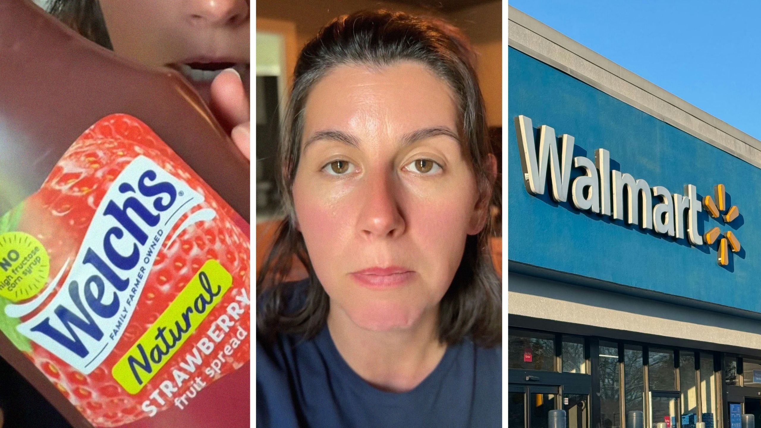 Welch’s jelly (l) woman shares walmart experience (c) Walmart storefront (r)