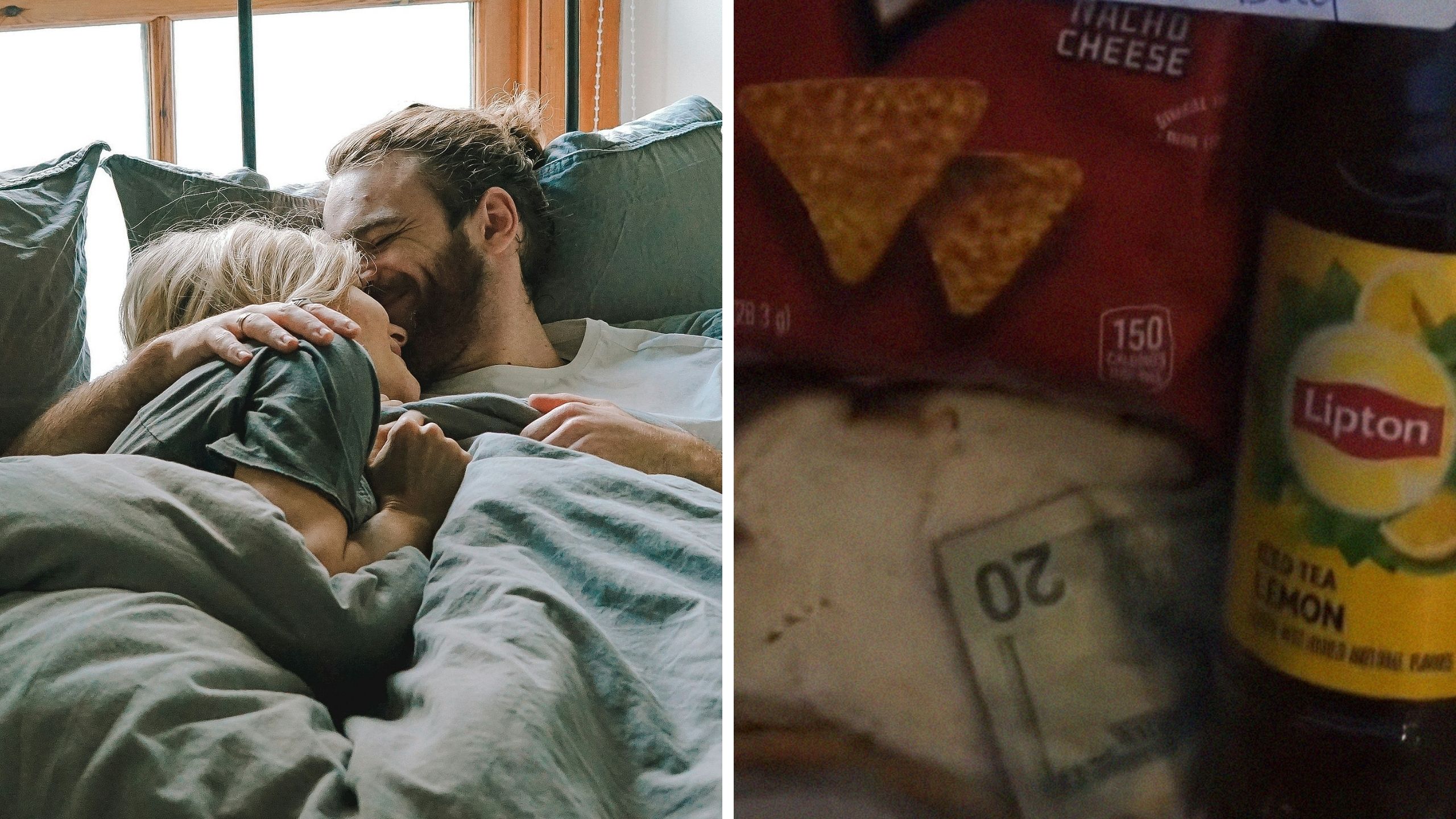 Woman stays over at guy’s house (l) snacks in a bag (r)