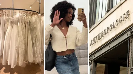 wedding dresses (l) woman shares wedding dress shopping experience (c) Anthropolgie entrance (r)