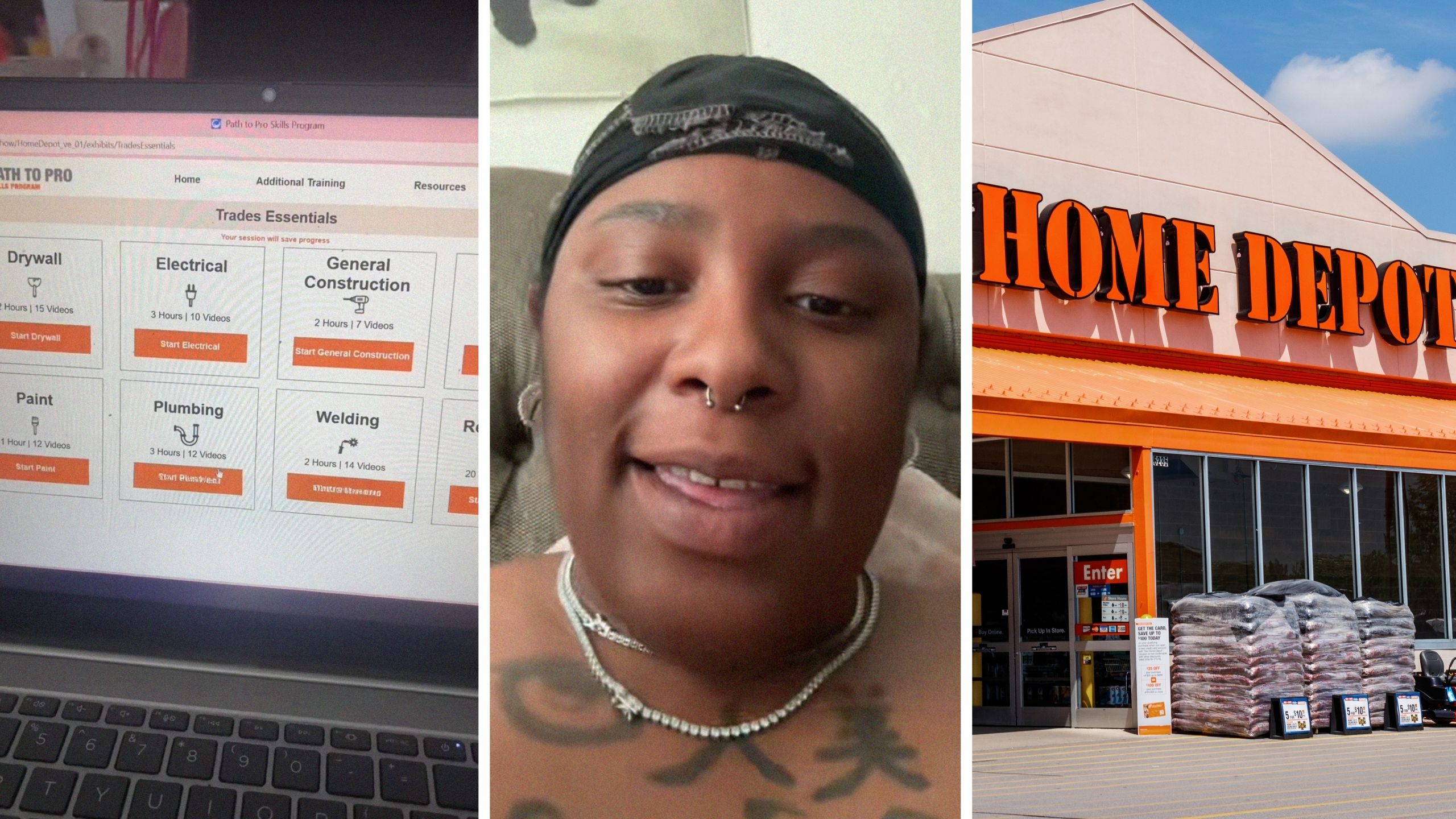 free training options (l) woman shares home depot hack (c) The home depot storefront (r)