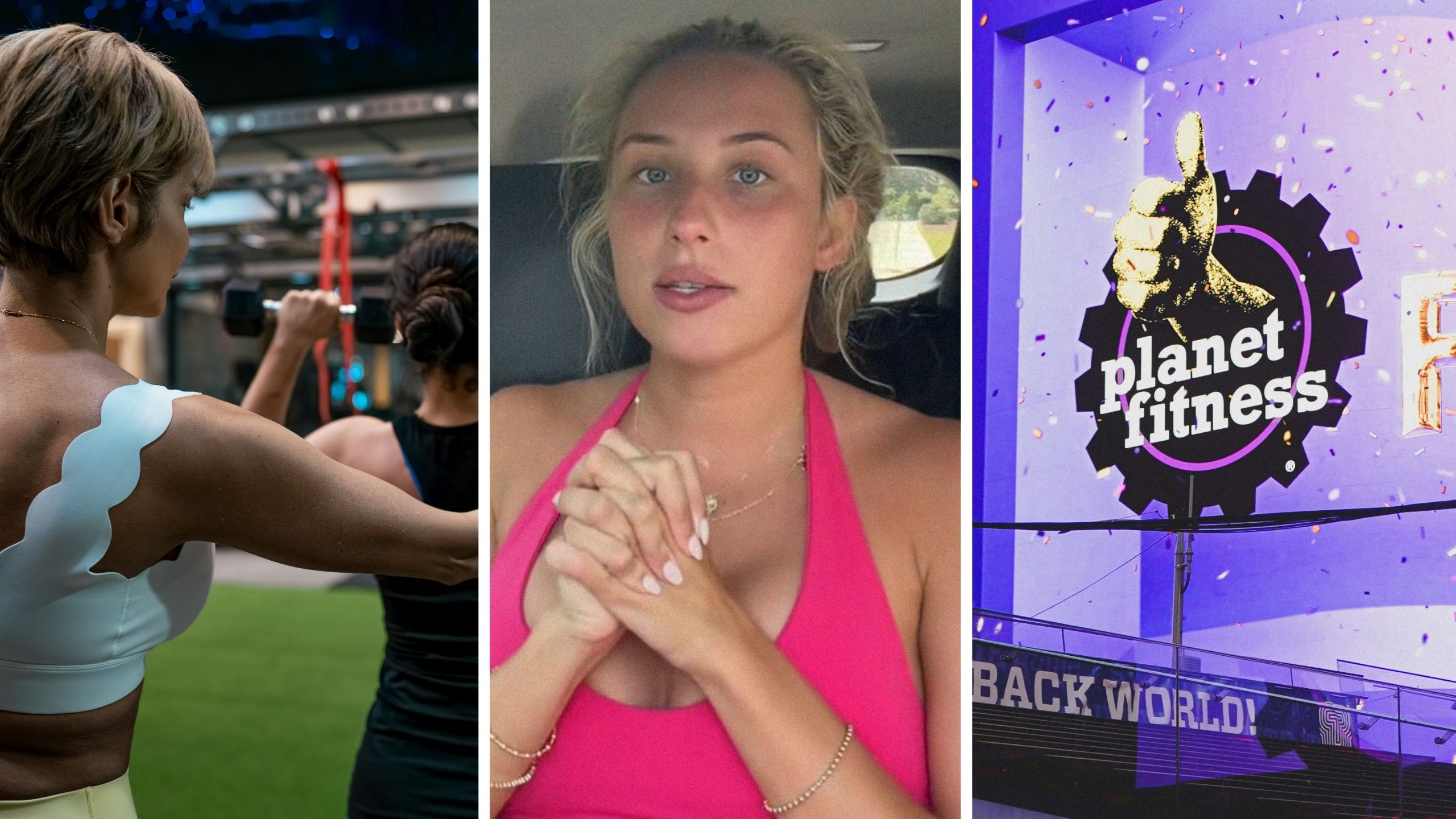 woman interrupts another womans workout (l) woman shares gym issue (c) Planet fitness gym (r)