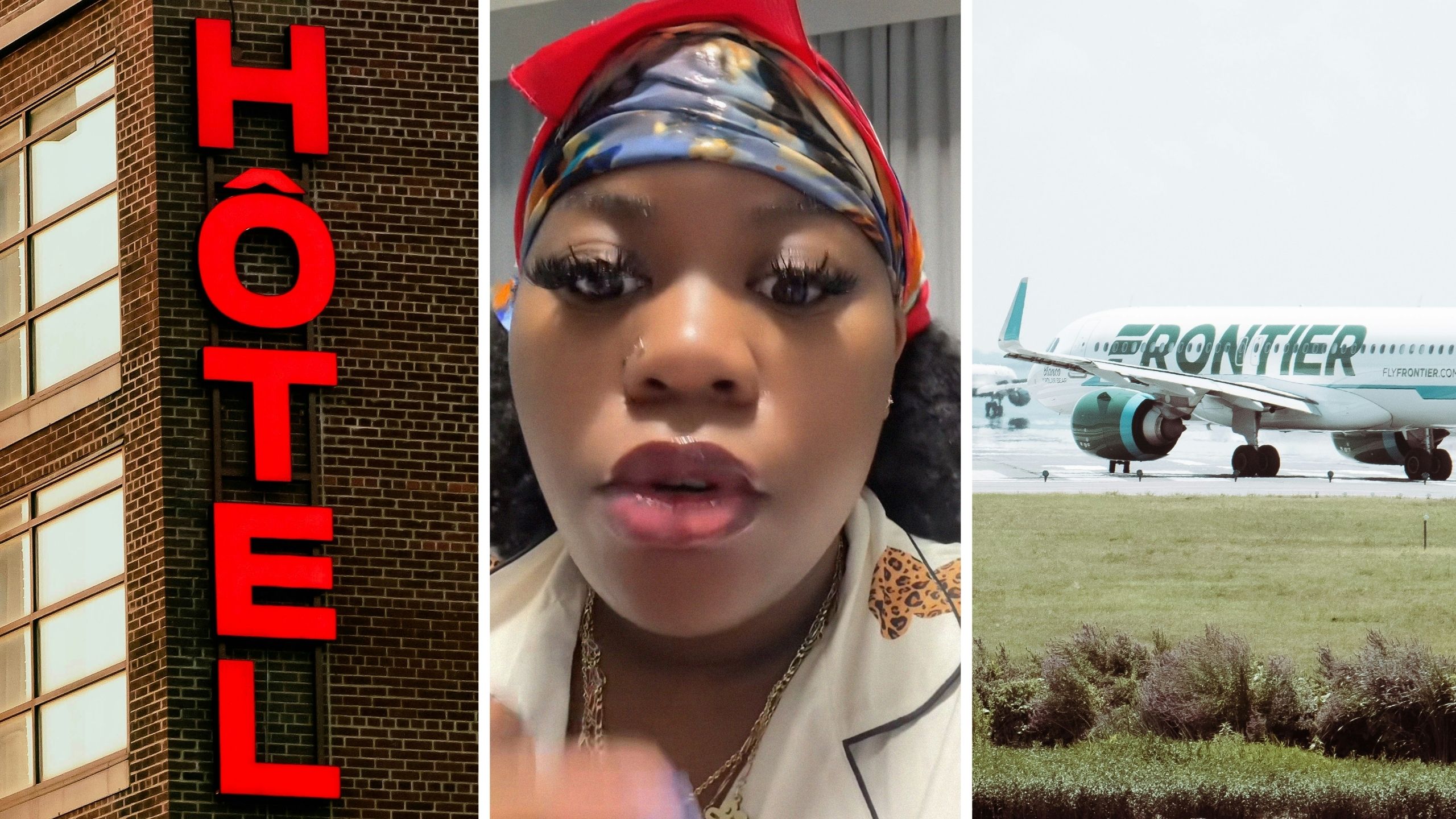 hotel sign (l) woman shares airline issue (c) Frontier airlines (r)