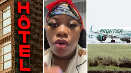 hotel sign (l) woman shares airline issue (c) Frontier airlines (r)