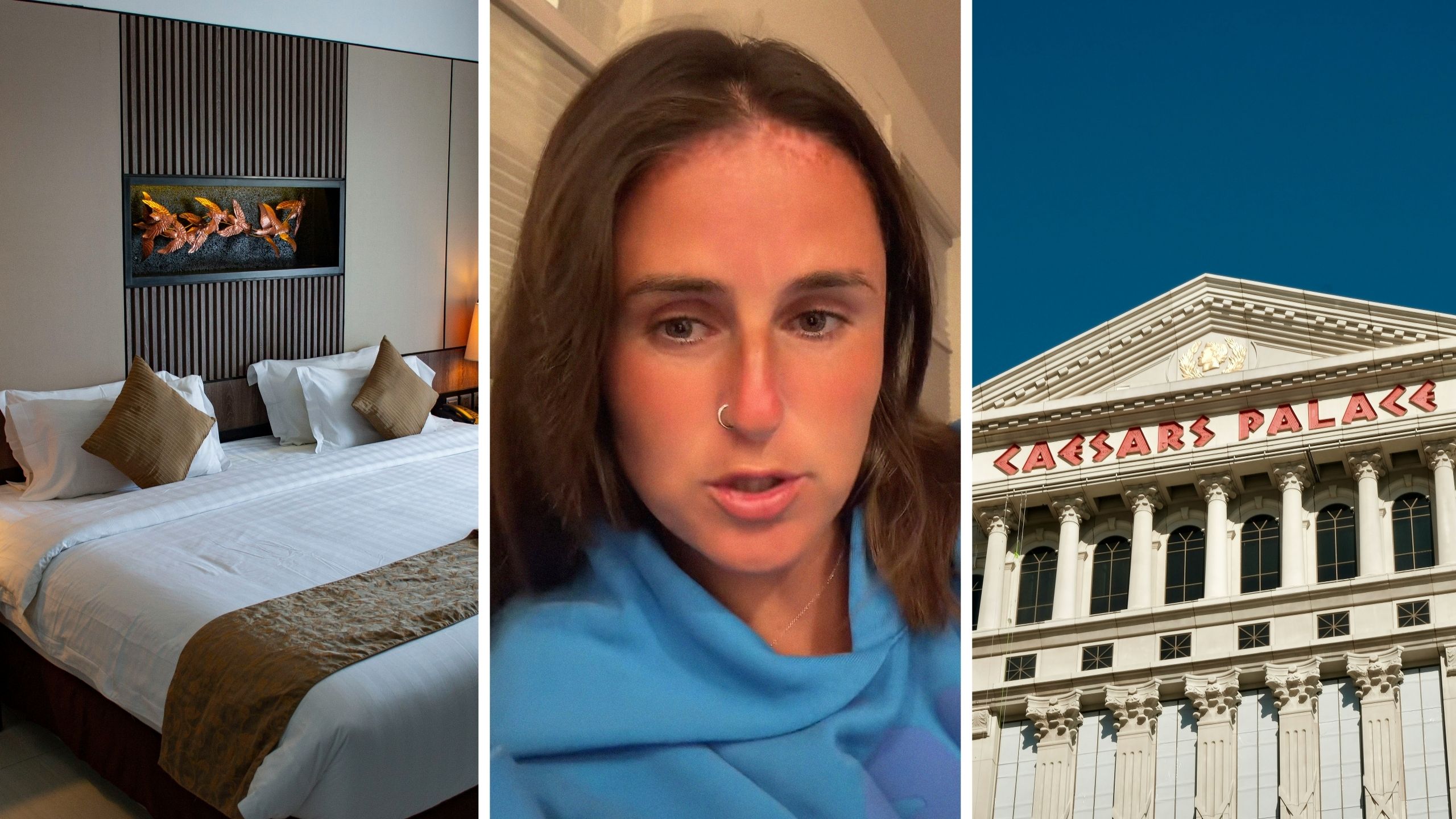 hotel room (l) woman shares hotel experience (c) Caesars Palace hotel (r)